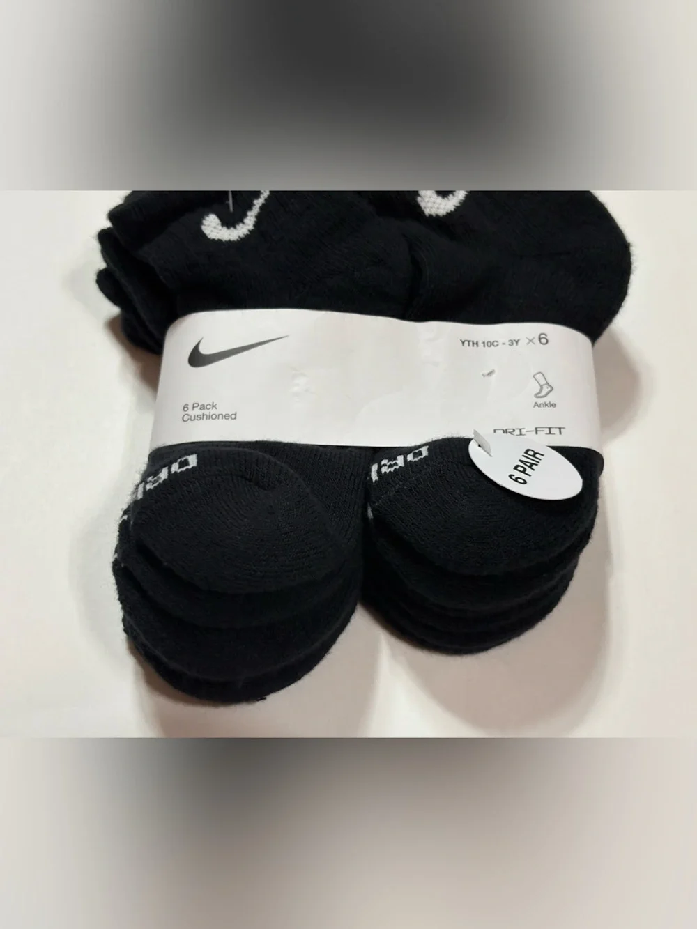 Nike Black Youth Ankle Socks with White Swoosh - 6 Pack